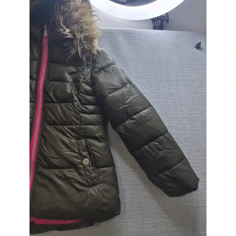 Michael Kors Puffer Jacket Girls 7/8 Black Faux Fur Hooded Full Zip Winter Wear